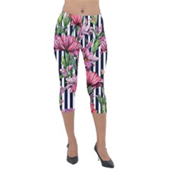 Tropical Botanical Flowers In Watercolor Lightweight Velour Capri Leggings  by GardenOfOphir