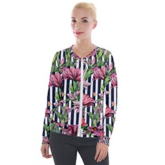 Tropical Botanical Flowers In Watercolor Velvet Zip Up Jacket by GardenOfOphir