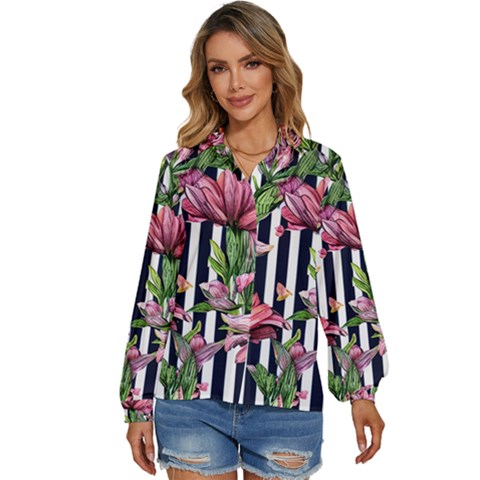 Tropical Botanical Flowers In Watercolor Women s Long Sleeve Button Down Shirt by GardenOfOphir