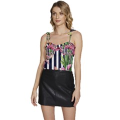 Tropical Botanical Flowers In Watercolor Flowy Camisole Tie Up Top