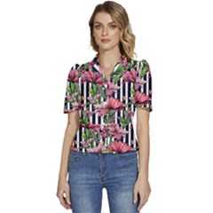 Tropical Botanical Flowers In Watercolor Puffed Short Sleeve Button Up Jacket