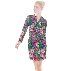 Vintage Tropical Flowers Button Long Sleeve Dress by GardenOfOphir