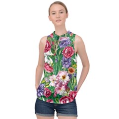 Vintage Tropical Flowers High Neck Satin Top by GardenOfOphir