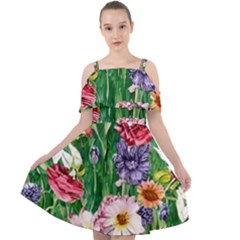 Vintage Tropical Flowers Cut Out Shoulders Chiffon Dress