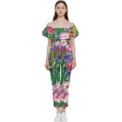 Vintage Tropical Flowers Off Shoulder Ruffle Top Jumpsuit