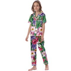 Vintage Tropical Flowers Kids  Satin Short Sleeve Pajamas Set by GardenOfOphir