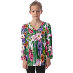 Vintage Tropical Flowers Kids  V Neck Casual Top by GardenOfOphir