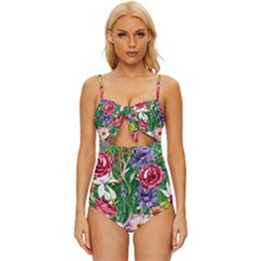 Vintage Tropical Flowers Knot Front One-piece Swimsuit by GardenOfOphir