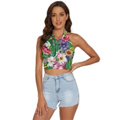 Vintage Tropical Flowers Backless Halter Cami Shirt