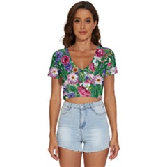 Vintage Tropical Flowers V-neck Crop Top