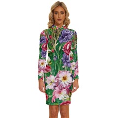 Vintage Tropical Flowers Long Sleeve Shirt Collar Bodycon Dress