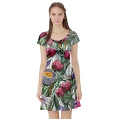 Watercolor Tropical Flowers Short Sleeve Skater Dress