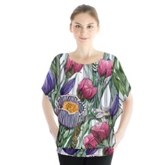 Watercolor Tropical Flowers Batwing Chiffon Blouse