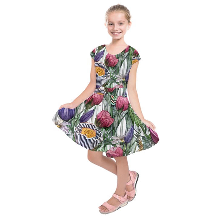 Watercolor Tropical Flowers Kids  Short Sleeve Dress