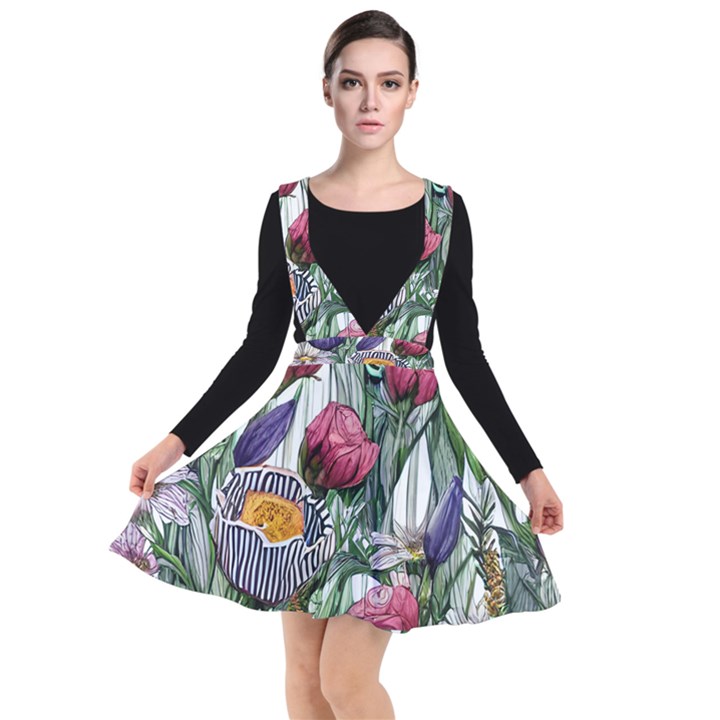 Watercolor Tropical Flowers Plunge Pinafore Dress