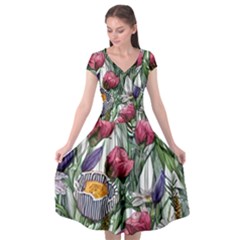 Watercolor Tropical Flowers Cap Sleeve Wrap Front Dress