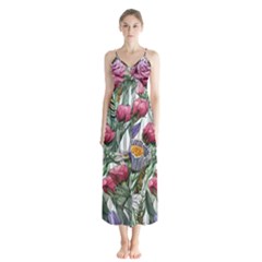 Watercolor Tropical Flowers Button Up Chiffon Maxi Dress