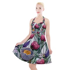 Watercolor Tropical Flowers Halter Party Swing Dress 