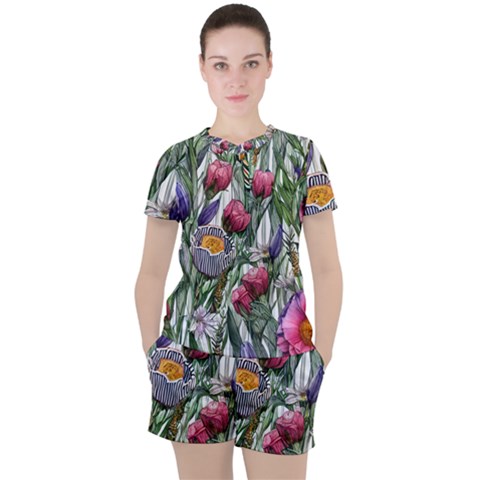 Watercolor Tropical Flowers Women s Tee And Shorts Set by GardenOfOphir