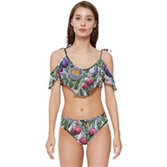 Watercolor Tropical Flowers Ruffle Edge Tie Up Bikini Set	