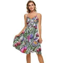 Watercolor Tropical Flowers Sleeveless Tie Front Chiffon Dress