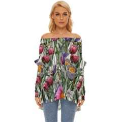 Watercolor Tropical Flowers Off Shoulder Chiffon Pocket Shirt