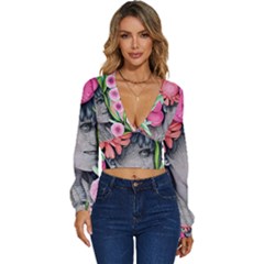 Aesthetics Tropical Flowers Long Sleeve Deep-v Velour Top