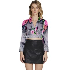 Aesthetics Tropical Flowers Long Sleeve Tie Back Satin Wrap Top