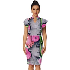 Aesthetics Tropical Flowers Vintage Frill Sleeve V-neck Bodycon Dress