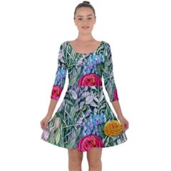 Cottagecore Tropical Flowers Quarter Sleeve Skater Dress by GardenOfOphir