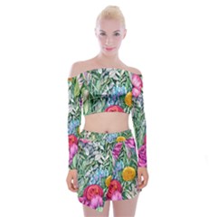 Cottagecore Tropical Flowers Off Shoulder Top With Mini Skirt Set by GardenOfOphir