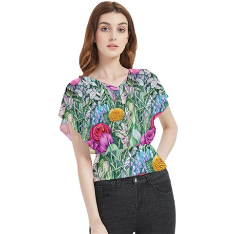 Cottagecore Tropical Flowers Butterfly Chiffon Blouse by GardenOfOphir