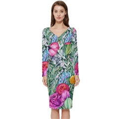 Cottagecore Tropical Flowers Long Sleeve V-neck Bodycon Dress  by GardenOfOphir