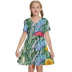 Cottagecore Tropical Flowers Kids  Short Sleeve Tiered Mini Dress by GardenOfOphir