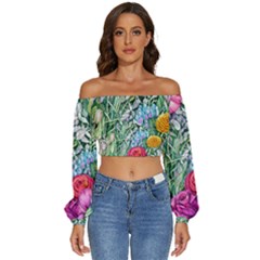 Cottagecore Tropical Flowers Long Sleeve Crinkled Weave Crop Top by GardenOfOphir