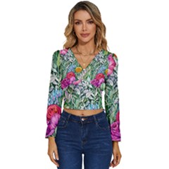 Cottagecore Tropical Flowers Long Sleeve V-neck Top by GardenOfOphir