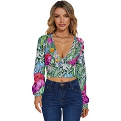 Cottagecore Tropical Flowers Long Sleeve Deep-v Velour Top by GardenOfOphir