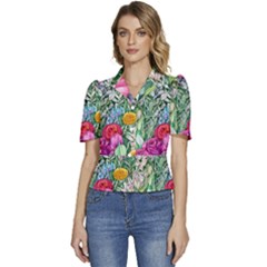 Cottagecore Tropical Flowers Puffed Short Sleeve Button Up Jacket