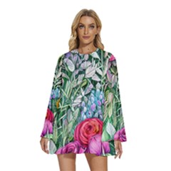 Cottagecore Tropical Flowers Round Neck Long Sleeve Bohemian Style Chiffon Mini Dress by GardenOfOphir