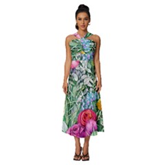 Cottagecore Tropical Flowers Sleeveless Cross Front Cocktail Midi Chiffon Dress by GardenOfOphir