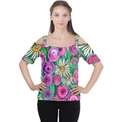 Tropical Flowers Pattern Cutout Shoulder Tee