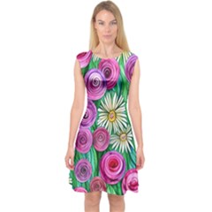 Tropical Flowers Pattern Capsleeve Midi Dress by GardenOfOphir