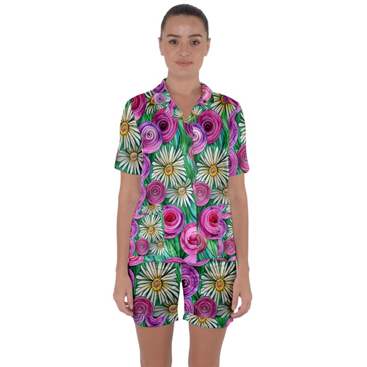 Tropical Flowers Pattern Satin Short Sleeve Pajamas Set