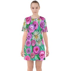 Tropical Flowers Pattern Sixties Short Sleeve Mini Dress by GardenOfOphir