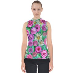 Tropical Flowers Pattern Mock Neck Shell Top by GardenOfOphir