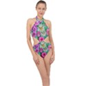 Tropical Flowers Pattern Halter Side Cut Swimsuit View1