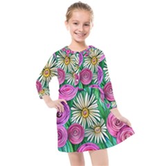 Tropical Flowers Pattern Kids  Quarter Sleeve Shirt Dress by GardenOfOphir