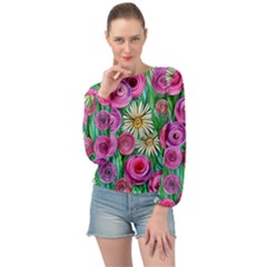 Tropical Flowers Pattern Banded Bottom Chiffon Top by GardenOfOphir