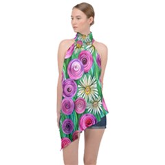 Tropical Flowers Pattern Halter Asymmetric Satin Top by GardenOfOphir