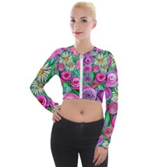 Tropical Flowers Pattern Long Sleeve Cropped Velvet Jacket by GardenOfOphir